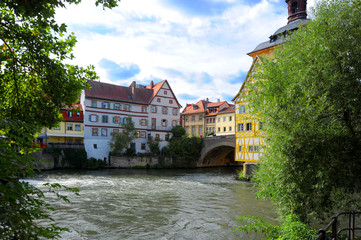 Half-timbered wood framed homes built right on the river in Bamberg, Germany. 