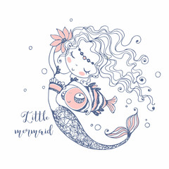 Cute little Mermaid with a fish . Doodle style. Vector