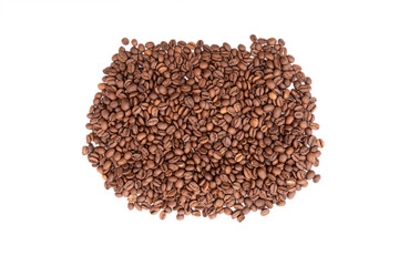 Heap of roasted coffee beans isolated on white background. Top view. 