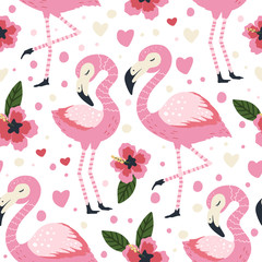 Little flamingo bird vector seamless pattern. Cartoon tropical summer background with pink exotic jungle animal, tropic palm and flowers. Kid illustration.