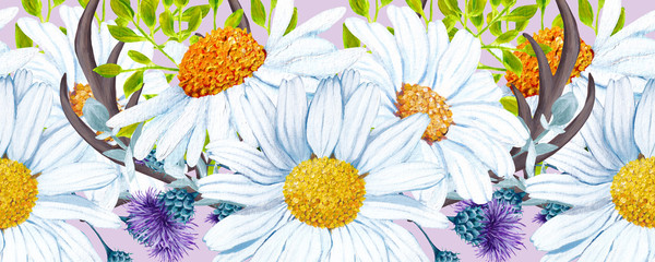 horizontal border with watercolor daisy