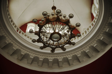 A large chandelier inside the Chernihiv railway station.