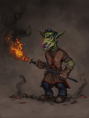 Digital painting of goblin character holding a flaming torch and smiling against an abstract background - digital fantasy illustration - obrazy, fototapety, plakaty