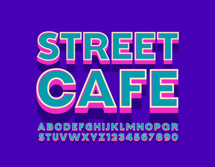 Vector trendy logo Street Cafe with 3D Font. Bright Alphabet Letters and Numbers
