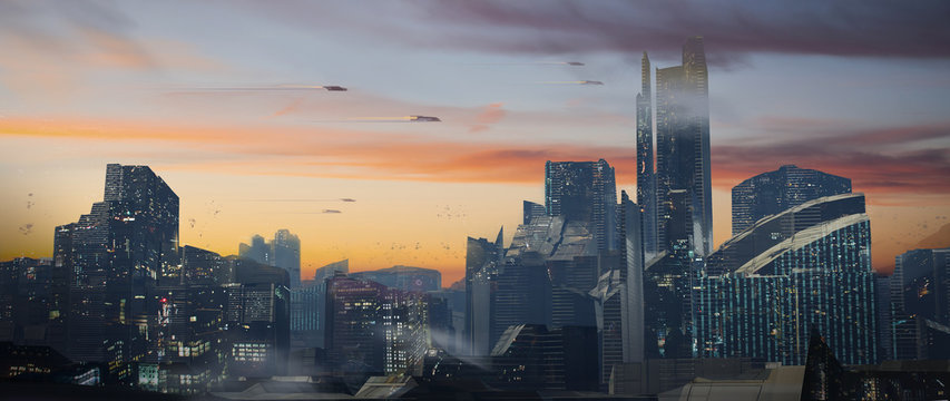 Digital painting of a futuristic sci-fi fantasy city with flying cars against a beautiful sunset - digital science fiction illustration