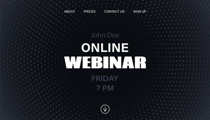 Online webinar landing page template. Black minimal background for business conference announcement