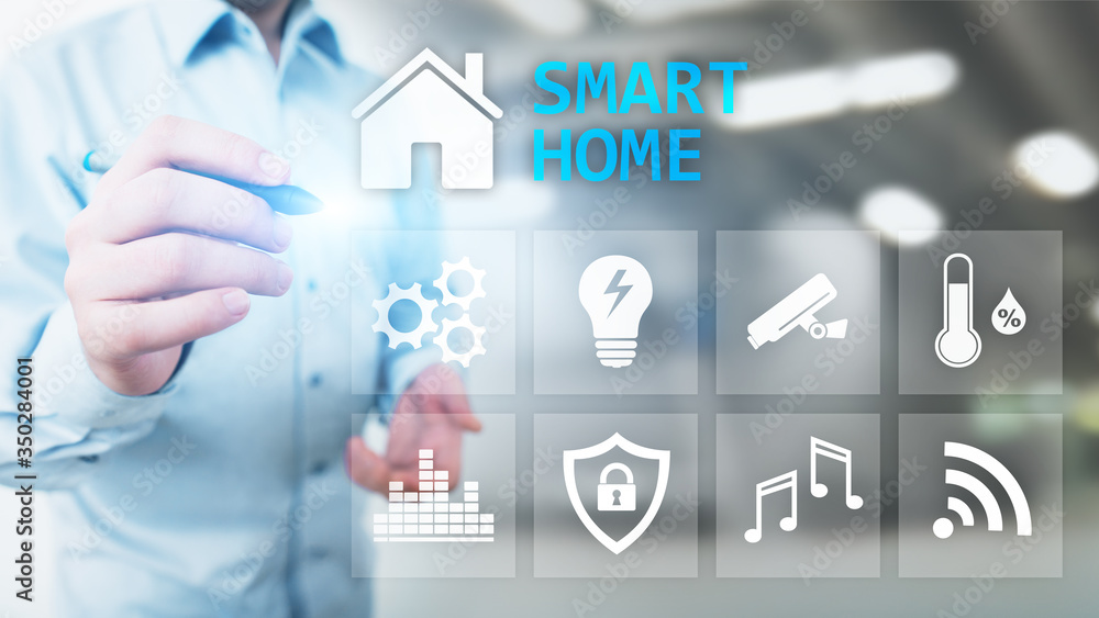 Poster smart home control panel on virtual screen. internet of things, iot, process automation concept.