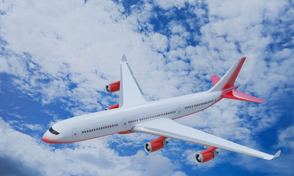 Passenger plane White red stripes flying in the sky on a bright blue day, white clouds in the daytime. To view, see the top of the machine And the upper wing. 3D Rendering.