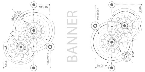Technical drawing of gears .Gears on a white background .Rotating mechanism of round parts . Vector illustration.
