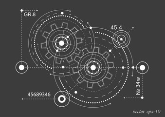 Technical drawing of gears on a black background.Engineering Technology Project. Industrial mechanics Vector illustration.	