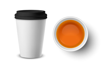 Vector 3d Realistic White Paper or Plastic Disposable Tea Cup with Green Tea Closeup Isolated on White Background. Design Template, Clipart. Front and Top View