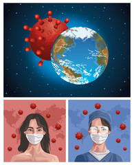 Naklejka premium nurse and woman using fase mask with earth planet ,covid19 protection