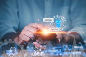 Technology Chatbot assistant conversation, Ai Artificial Intelligence technology concept. Casual businessman chatting with chatbot via mobile smartphone application.double exposure technique.