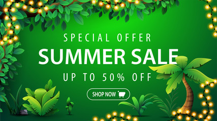 Special offer, summer sale, up to 50% off, green discount web banner with white large offer, button, tropical jungle frame, tropical elements and frame of bright garland