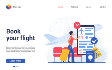 Fototapeta na wymiar Book flight vector illustration. Website interface design with cartoon flat traveler character booking online airplane tickets, using mobile smartphone app for registration. Travel business technology