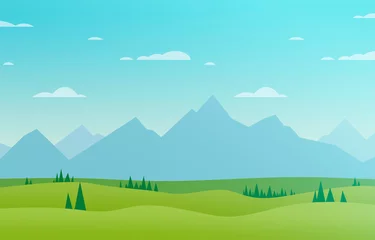 Poster Im Rahmen Zeichnung einer wunderschönen Landschaft in der Natur mit Bergen, Bäumen und einem blauen Himmel mit Wolken - schöne flache Designillustration für ein Hintergrundbild oder eine Abenteuergeschichte © Domingo
