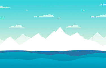 Fototapeta na wymiar drawing of a beautiful winter landscape with white ice mountains, the sea with waves and a blue sky with clouds - nice flat design illustration for a background wallpaper