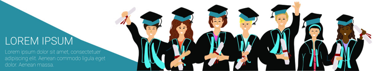 Long banner with happy graduate university students with diploma. 7 multinational persons in graduate caps. Ceremony in campus, college celebrate friends: 4 women and 3 men. Hand drawn illustration