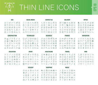 Line art set with icon set. Thin line. Social media, technology, seo, logistic, education, sport, medicine, travel, weather, construction, finance, contact us, music. Vector stock illustration.