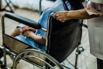 Fototapeta na wymiar Doctor take care woman patient sit on the wheelchair. Hand take wheelchair to foward.