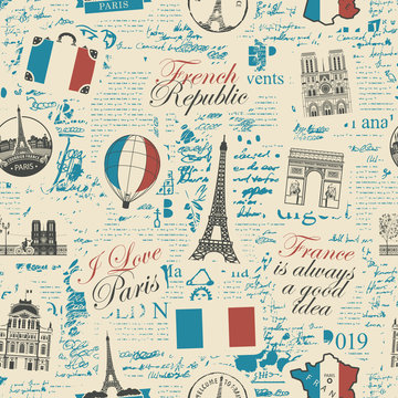 Vector abstract seamless pattern on the theme of France and Paris with French symbols, architectural landmarks and a map in colors of French flag on the background of newspaper page in retro style