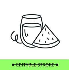 Glass of fresh watermelon juice line icon.A slice of watermelon.Juice Recipes
.Healthy food.Isolated linear vector fruit drink illustration.Editable stroke
