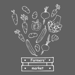 Vegetables fall into box with inscription Farmers market. Hand drawn Flat Cartoon illustration. Healthy food Vector doodle sketch isolated on dark gray background. Harvest festival.