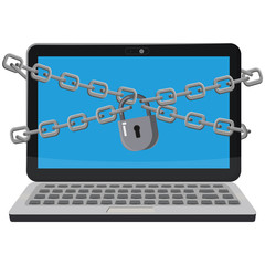Laptop computer notebook are bound with chains and locked with a padlock