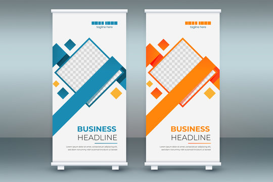Modern Exhibition standee roll up banner design, poster advertising brochure cover concept, creative x-banner presentation template, flat flag-banner vector blue red orange layout