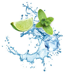 Fototapeta na wymiar Blue water splash with lime and mint isolated on white background. 3d