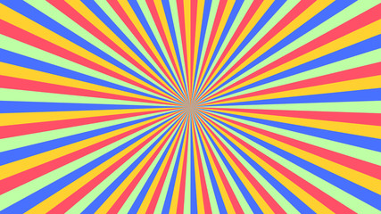 Abstract starburst background with red, yellow, blue, green rays. Banner vector illustration.