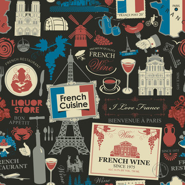 Vector abstract seamless pattern on the theme of France and French cuisine in retro style on the black background. Suitable for wallpaper, wrapping paper, fabric, background, packaging