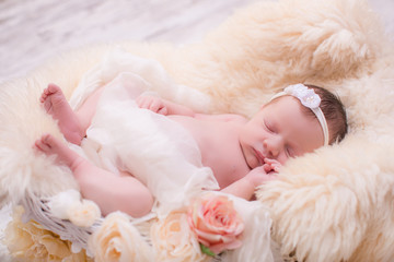 Beatiful newborn girl in floral headband, lying in sleeping basket in blanket.