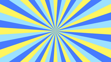 Abstract starburst background with blue, yellow rays. Banner vector illustration.