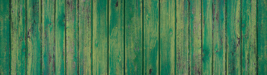 Fototapeta na wymiar Green painted rustic grunge shabby wooden boards wall texture background banner panorama