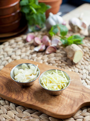 Sliced garlic and ginger - natural healing with foods which have anti-inflammatory and curing properties.