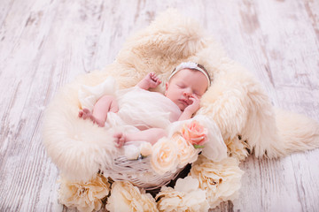 Small newborn cute baby, infant girl sleeping in a basket in a flower dressing on a rug in a hat with a toy, tenderness love care, angel smile, pastel color in a flower dressing bunny.