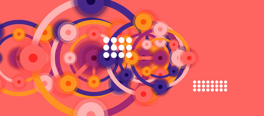 Flat style geometric abstract background, round dots or circle connections on color background. Technology network concept.