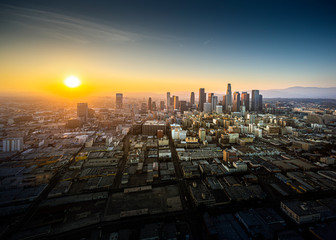 Aerial of Los Angeles skyline at sunset