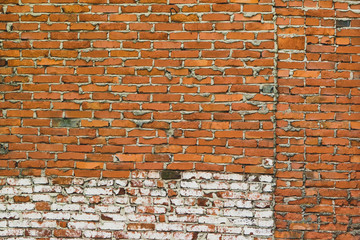 Messy renovated piece of brick wall with a variety of materials and cement