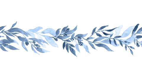 Floral seamless horizontal pattern. Navy blue watercolor leaves - 350296281