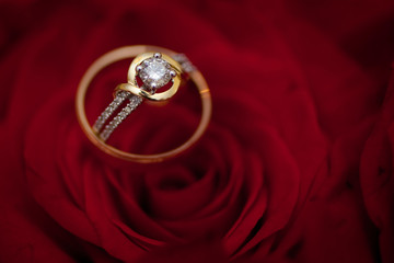 gold ring with a diamond on a red rose background