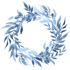 Wreath of watercolor leaves in navy blue. Hand painted floral arranging - 350296604