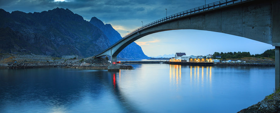 Panorama on the coast and Henningsvaer bridge at Lofoten in Norway