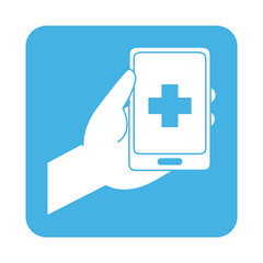 Obraz premium covid 19 coronavirus prevention hand with smartphone medical app block style icon