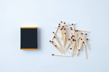 Matchbox and matches in bulk. White background.