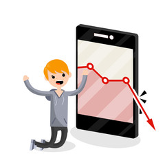 Large mobile phone with falling red business graph. Sad young blogger guy on knees. decrease in views and subscribers. Internet statistics. Business problem. man and a smartphone. Flat illustration