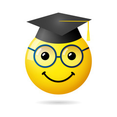 Creative graduation icon. Class Off logotype. Isolated abstract graphic web design template. White paper sticker, smile sign with glasses. Cute 3D symbol. Internet messenger emblem with academic hat.
