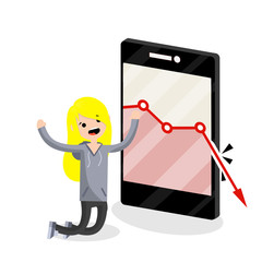Large mobile phone with falling red business graph. Sad young blogger girl on knees. decrease in views and subscribers. Internet statistics. Business problem. woman and a smartphone. Flat illustration