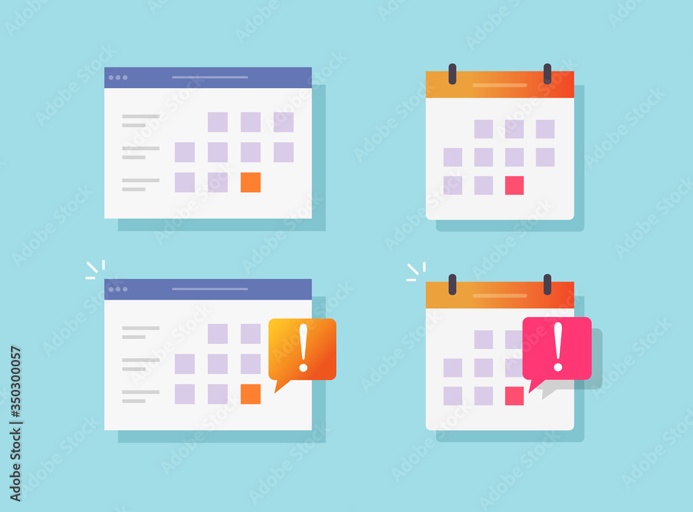 Poster deadline notification event reminder on calendar or website vector flat cartoon icons set, selected 